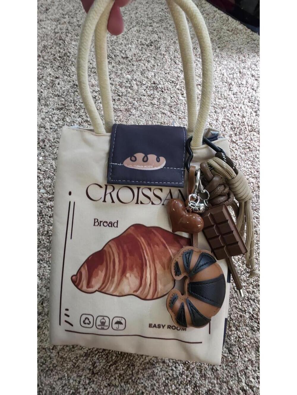 Croissant Bread Print Novelty Insulated Tote Bag with Charm - Picture 9 of 9